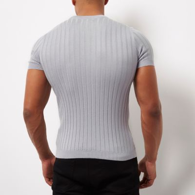 Grey chunky ribbed muscle fit T-shirt